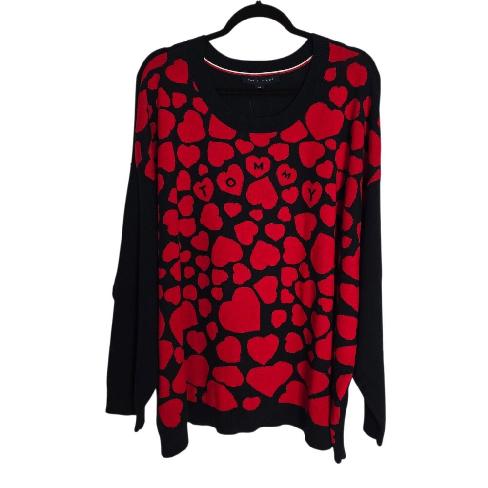 Tommy Hilfiger Sweater Women's Size 3X Navy Blue Red Heart Pattern Crewneck NEW